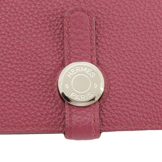 HERMES Long Wallet Purse Togo Red Dogon GM Silver Metal Women Used Authentic