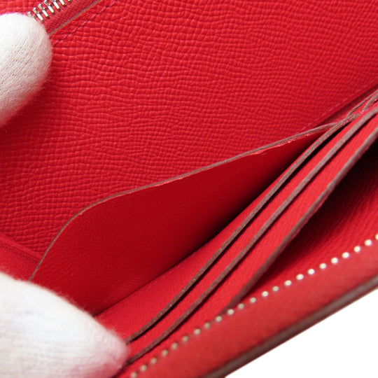 HERMES Long Wallet Purse Epsom Red Azap Long Red SilverMetal Women Used Authentic
