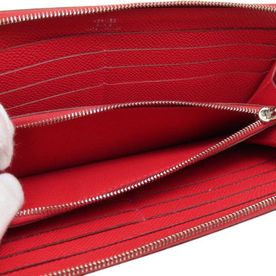 HERMES Long Wallet Purse Epsom Red Azap Long Red SilverMetal Women Used Authentic