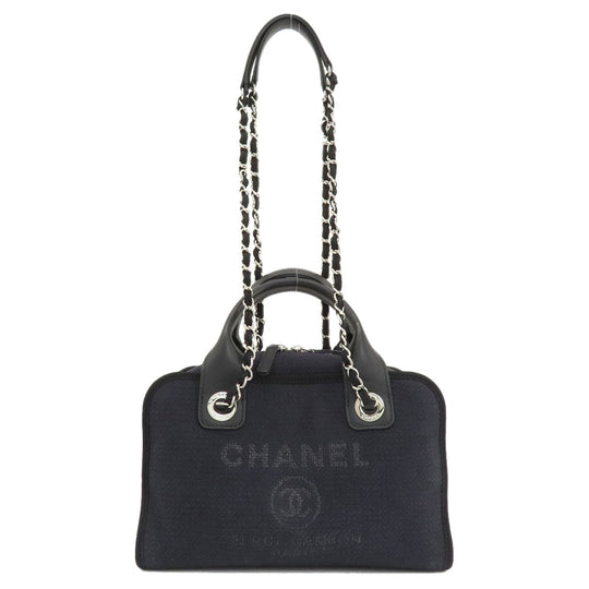 CHANEL Handbag canvas Navy Deauville Bowling Bag SilverMetal