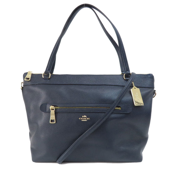 COACH Tote Bag F54687 leather Navy logoMetal 2WAY Women Used Authentic