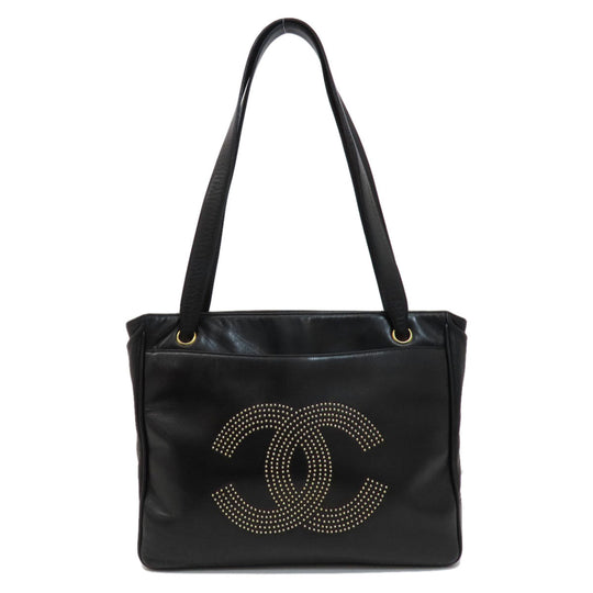 CHANEL Tote Bag lambskin black COCO Mark Studs Gold Metal Women Used Authentic