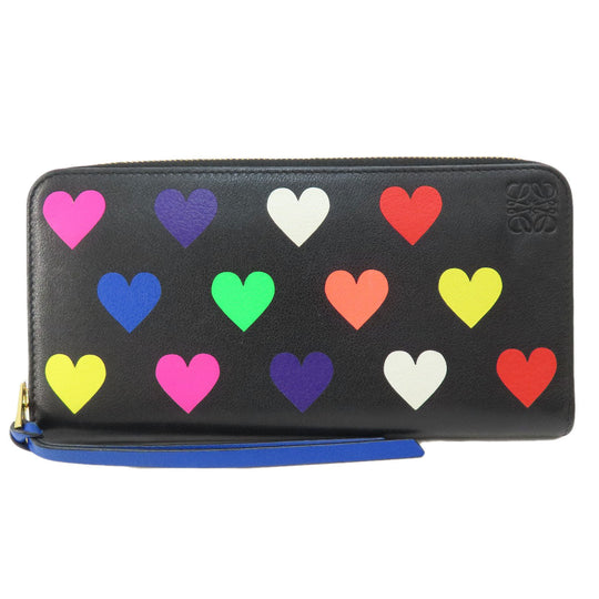 LOEWE Long Wallet Purse leather black Heart motif Zip Around Women Used Authentic