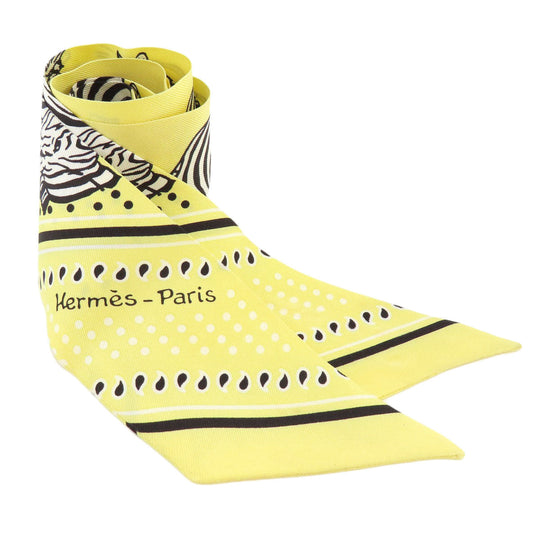 HERMES scarf silk yellow Twilly zebra motif Women Used Authentic