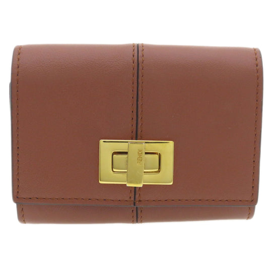 FENDI Card Case Calfskin Brown Peekaboo Women Used Authentic