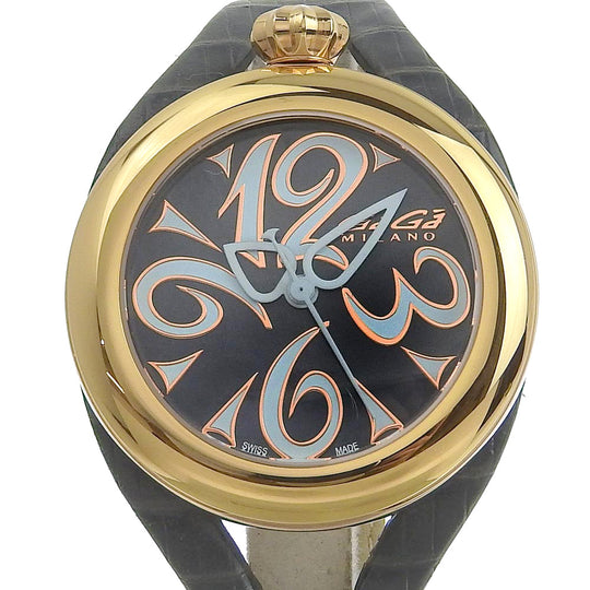 Gaga Milano Watches Quartz 6071 Stainless Steel, Plated Gold, Leather gold Flat 42 Black shell dial unisex(Unisex) Used Authentic