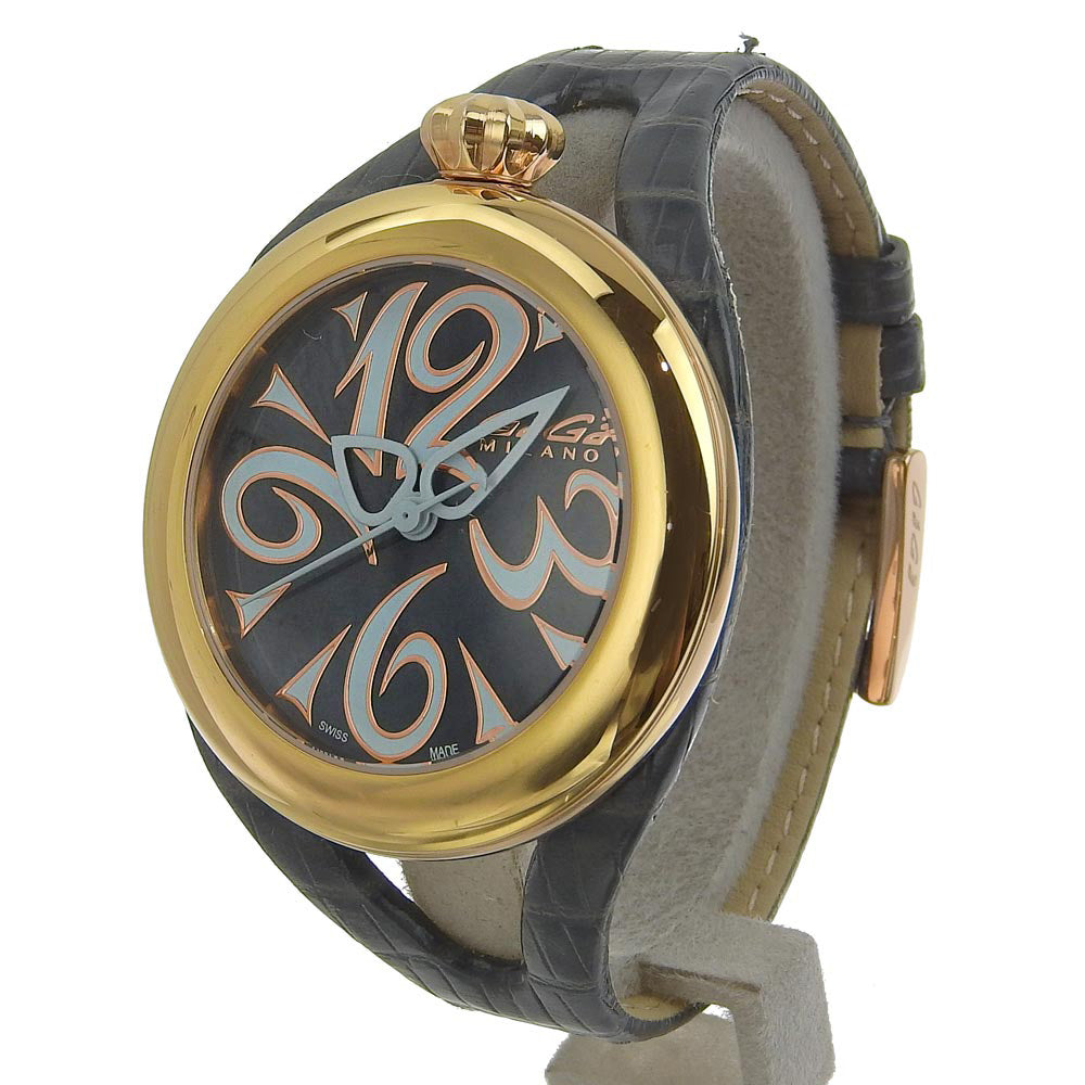 Gaga Milano Watches Quartz 6071 Stainless Steel, Plated Gold, Leather gold Flat 42 Black shell dial unisex(Unisex) Used Authentic