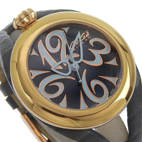 Gaga Milano Watches Quartz 6071 Stainless Steel, Plated Gold, Leather gold Flat 42 Black shell dial unisex(Unisex) Used Authentic