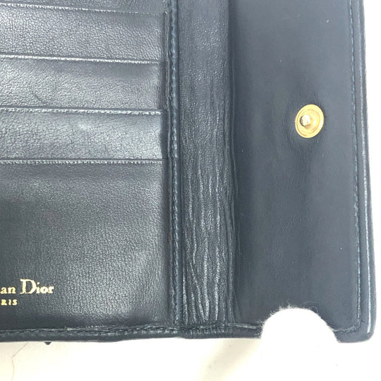 Dior Trifold wallet lambskin Navy Canage Women Used Authentic