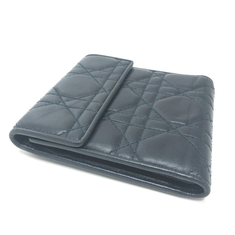 Dior Trifold wallet lambskin Navy Canage Women Used Authentic