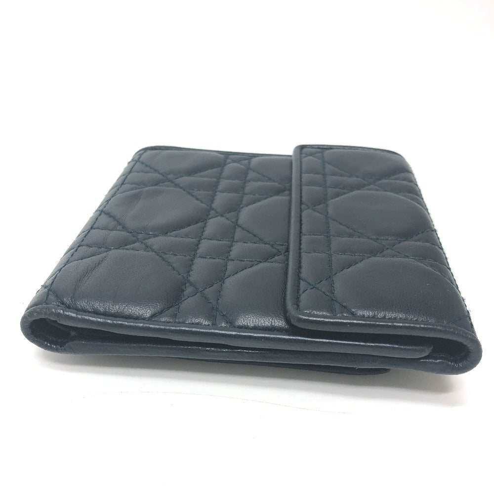 Dior Trifold wallet lambskin Navy Canage Women Used Authentic