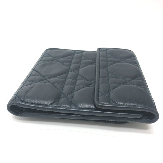 Dior Trifold wallet lambskin Navy Canage Women Used Authentic