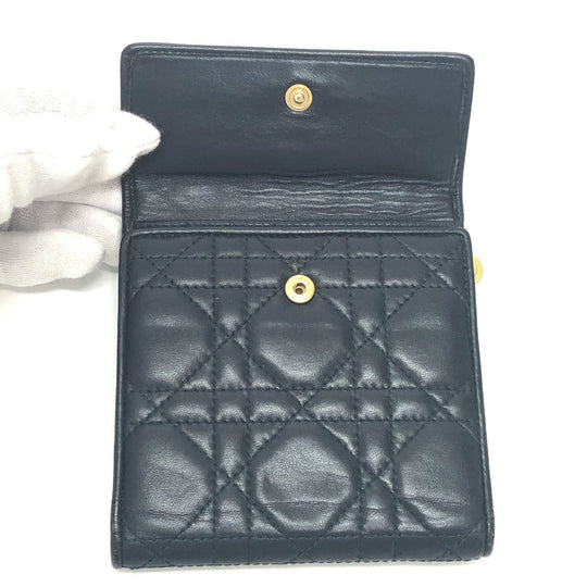 Dior Trifold wallet lambskin Navy Canage Women Used Authentic