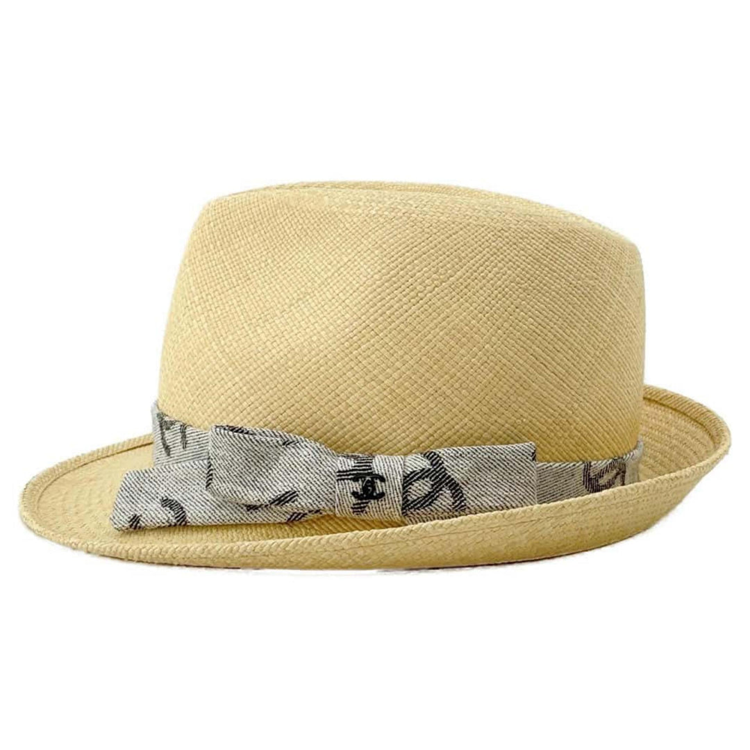 CHANEL CC Logo Ribbon Straw Beige Gray Hat New