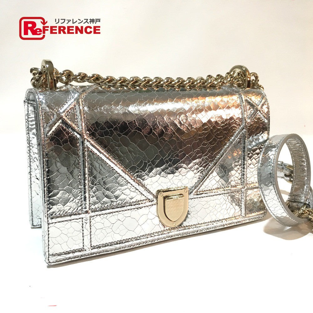 Dior Shoulder Bag leather Silver Small flap bag DIORAMA Women Used Authentic