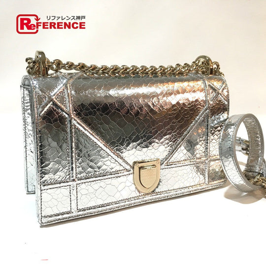 Dior Shoulder Bag leather Silver Small flap bag DIORAMA Women Used Authentic