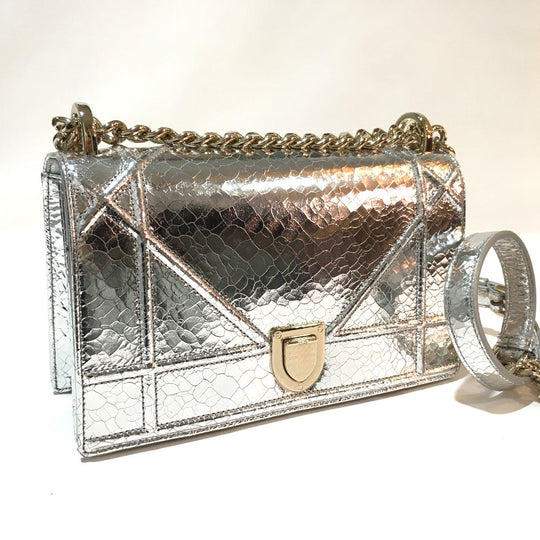 Dior Shoulder Bag leather Silver Small flap bag DIORAMA Women Used Authentic