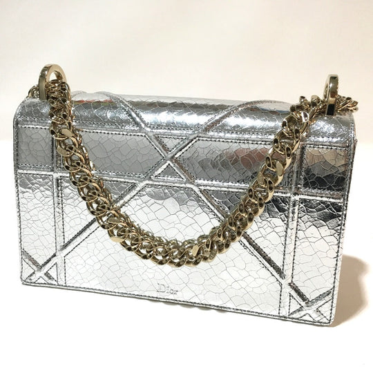 Dior Shoulder Bag leather Silver Small flap bag DIORAMA Women Used Authentic