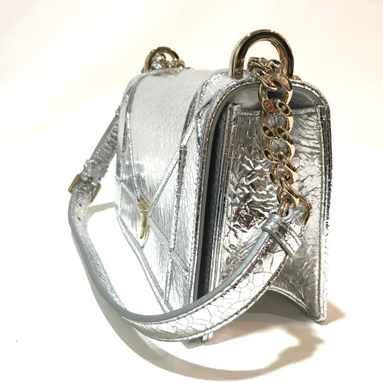 Dior Shoulder Bag leather Silver Small flap bag DIORAMA Women Used Authentic