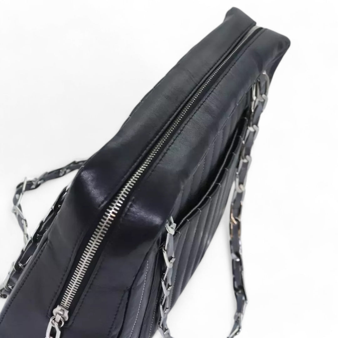 CHANEL Chain Shoulder Bag Leather Silver Black CC Women's Handbag