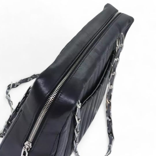 CHANEL Chain Shoulder Bag Leather Silver Black CC Women's Handbag