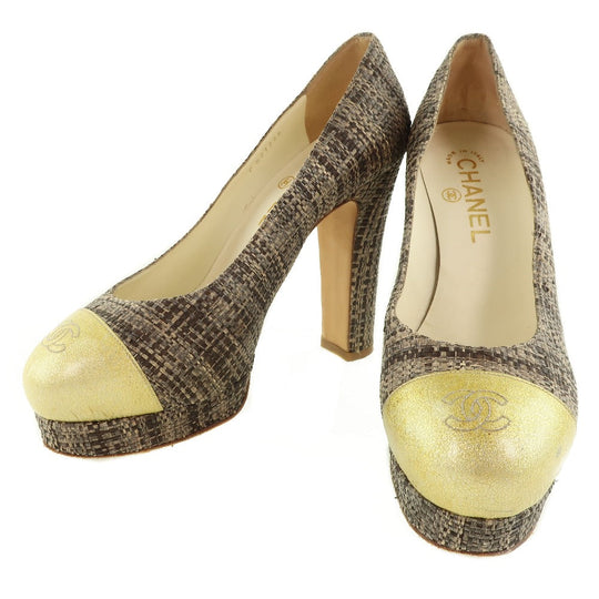 CHANEL pumps Patent Leather, Jute Two-tone (Brown) High heels 36 1/2
