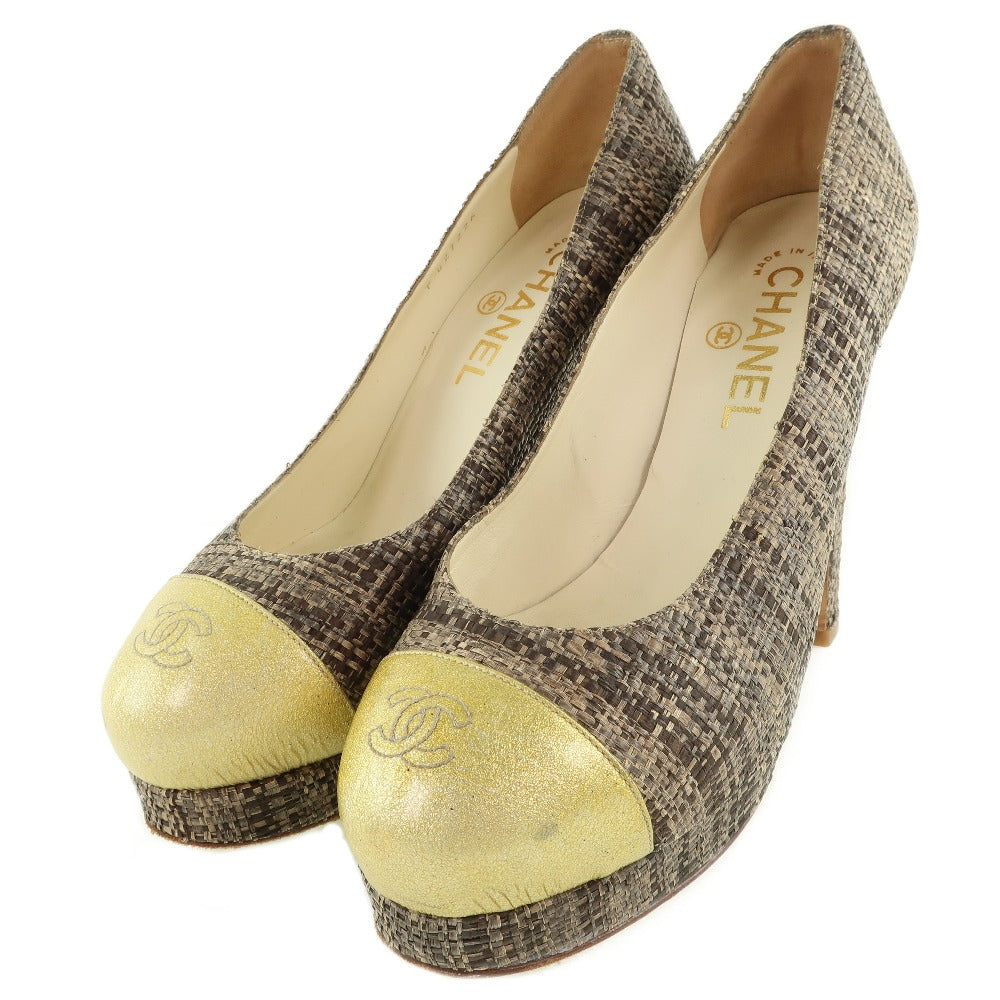 CHANEL pumps Patent Leather, Jute Two-tone (Brown) High heels 36 1/2