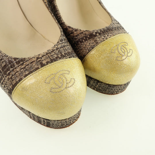 CHANEL pumps Patent Leather, Jute Two-tone (Brown) High heels 36 1/2