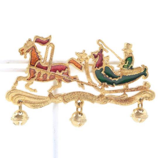 HERMES Brooch Plated Gold Red, Green, Orange Carriage Women Used Authentic