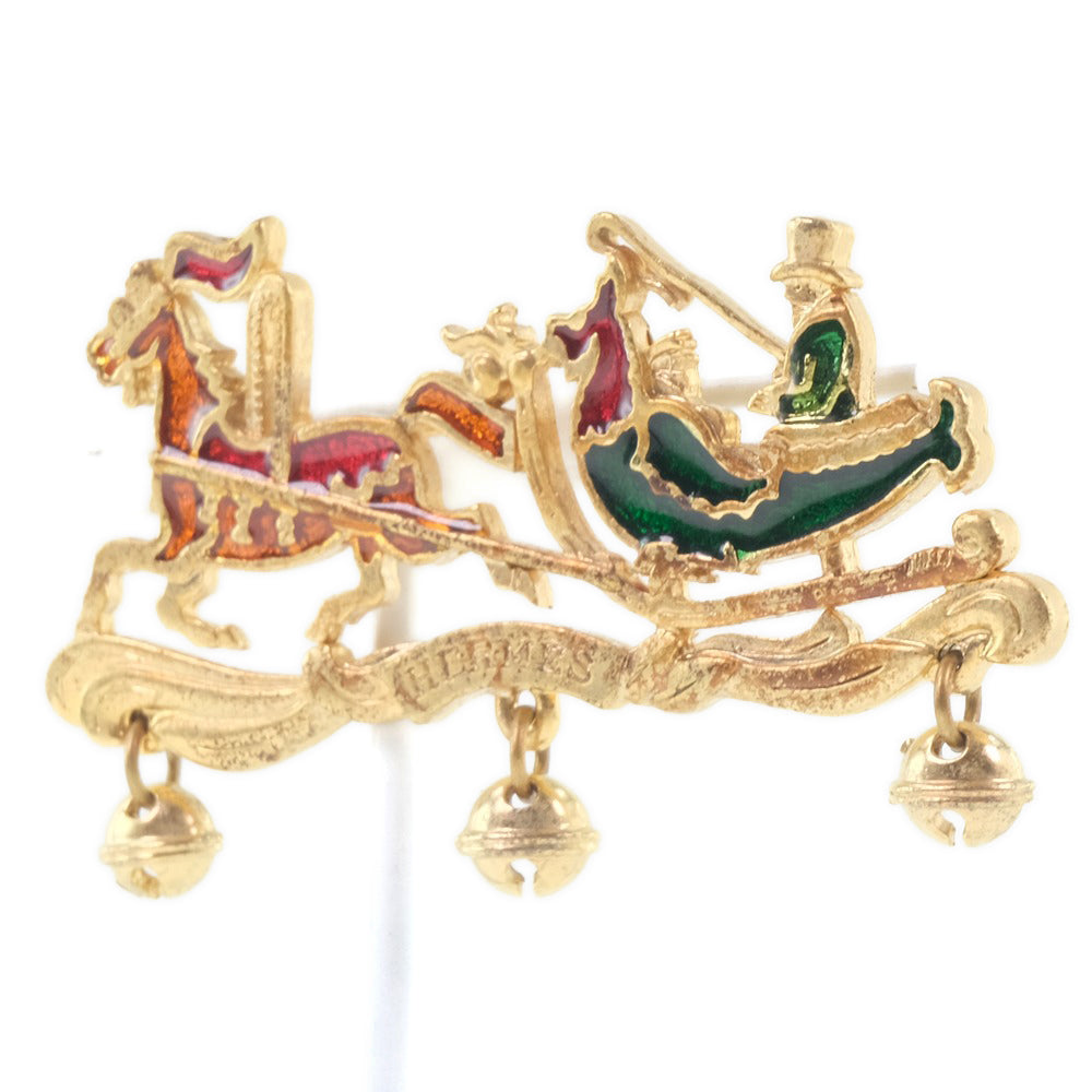 HERMES Brooch Plated Gold Red, Green, Orange Carriage Women Used Authentic