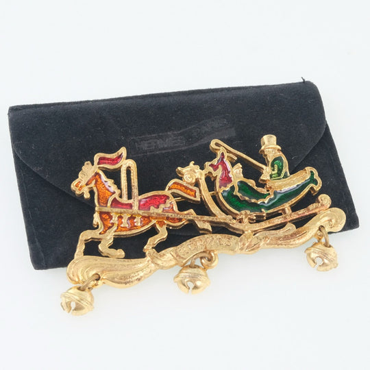 HERMES Brooch Plated Gold Red, Green, Orange Carriage Women Used Authentic