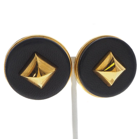 HERMES Earring Plated Gold , Leather gold Medor Women Used Authentic