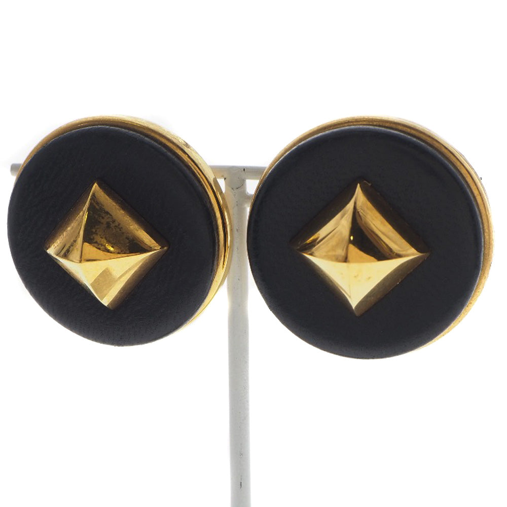 HERMES Earring Plated Gold , Leather gold Medor Women Used Authentic
