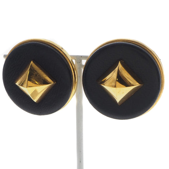 HERMES Earring Plated Gold , Leather gold Medor Women Used Authentic