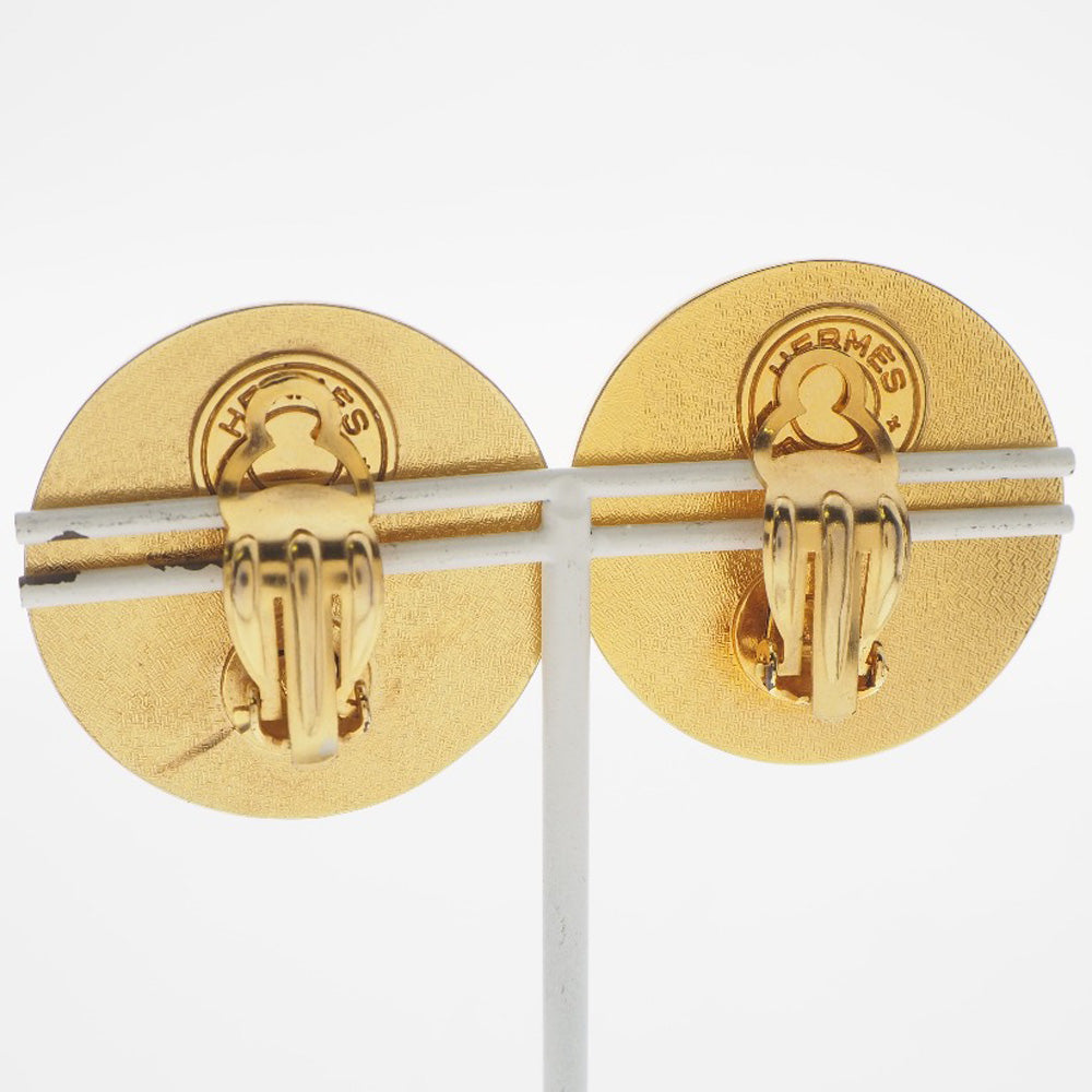 HERMES Earring Plated Gold , Leather gold Medor Women Used Authentic