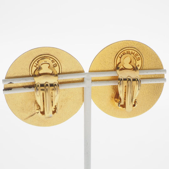HERMES Earring Plated Gold , Leather gold Medor Women Used Authentic