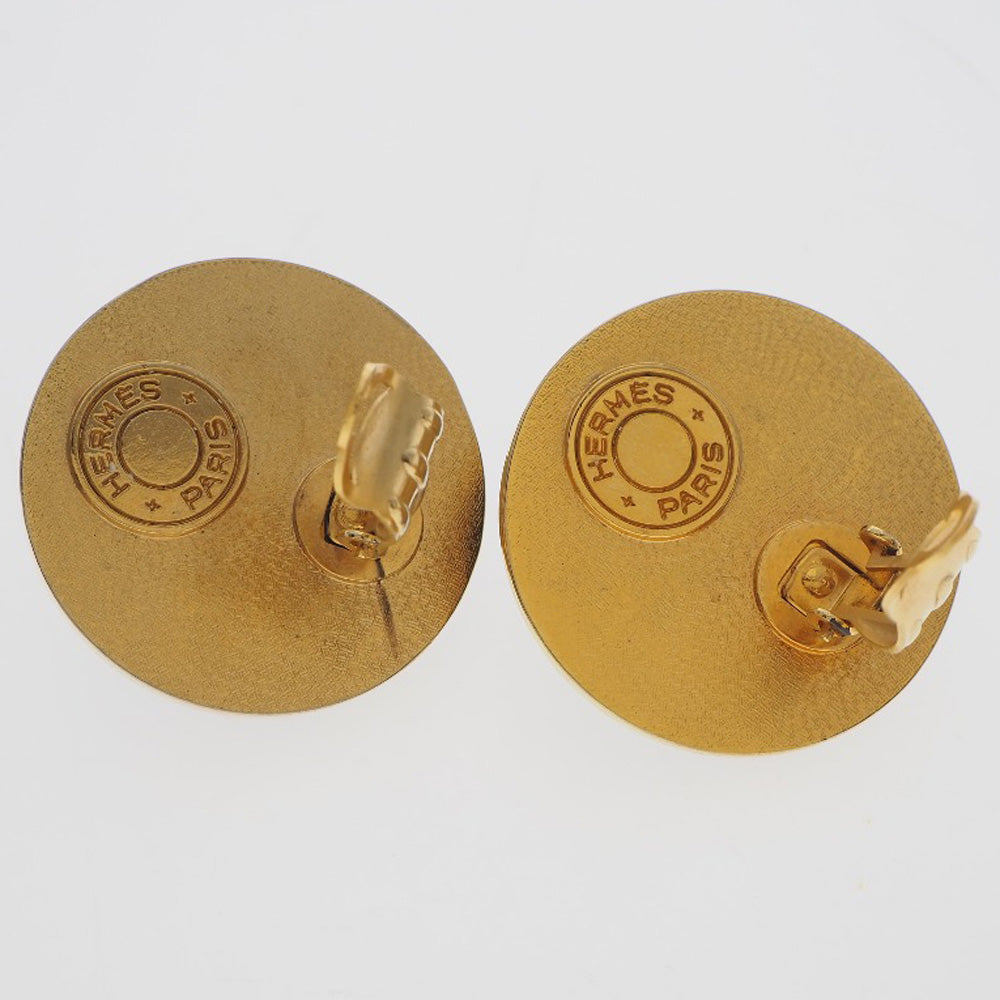 HERMES Earring Plated Gold , Leather gold Medor Women Used Authentic