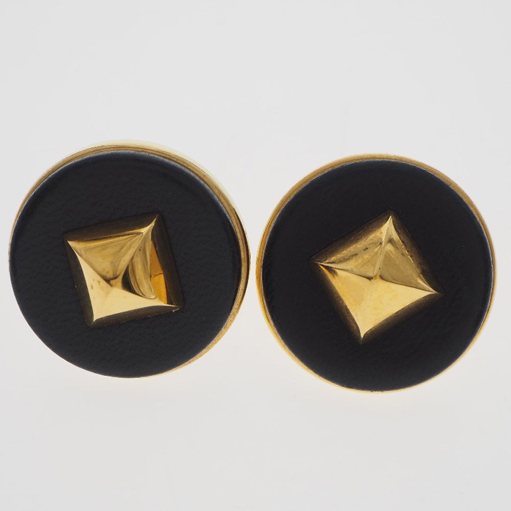 HERMES Earring Plated Gold , Leather gold Medor Women Used Authentic