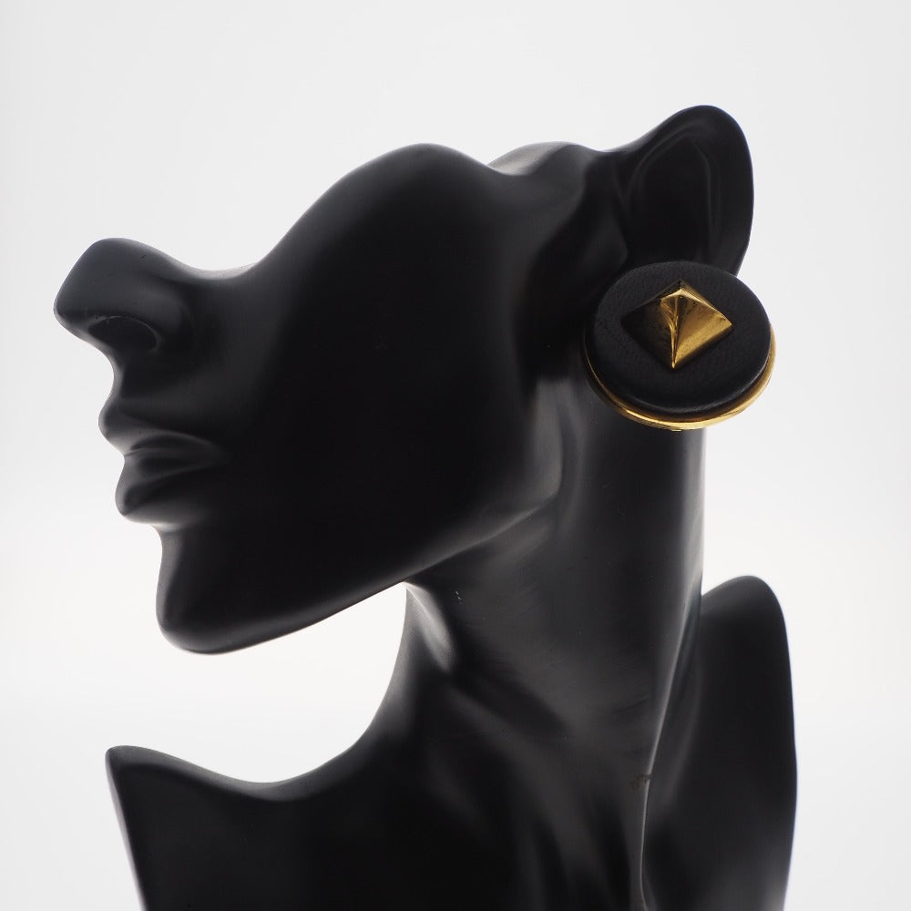 HERMES Earring Plated Gold , Leather gold Medor Women Used Authentic
