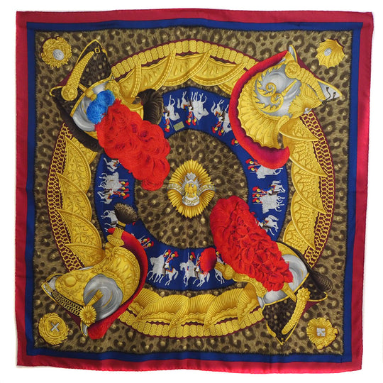 HERMES scarf silk Red A faceless helmet CASQUES et PLUMETS Carre90 Women Used Authentic