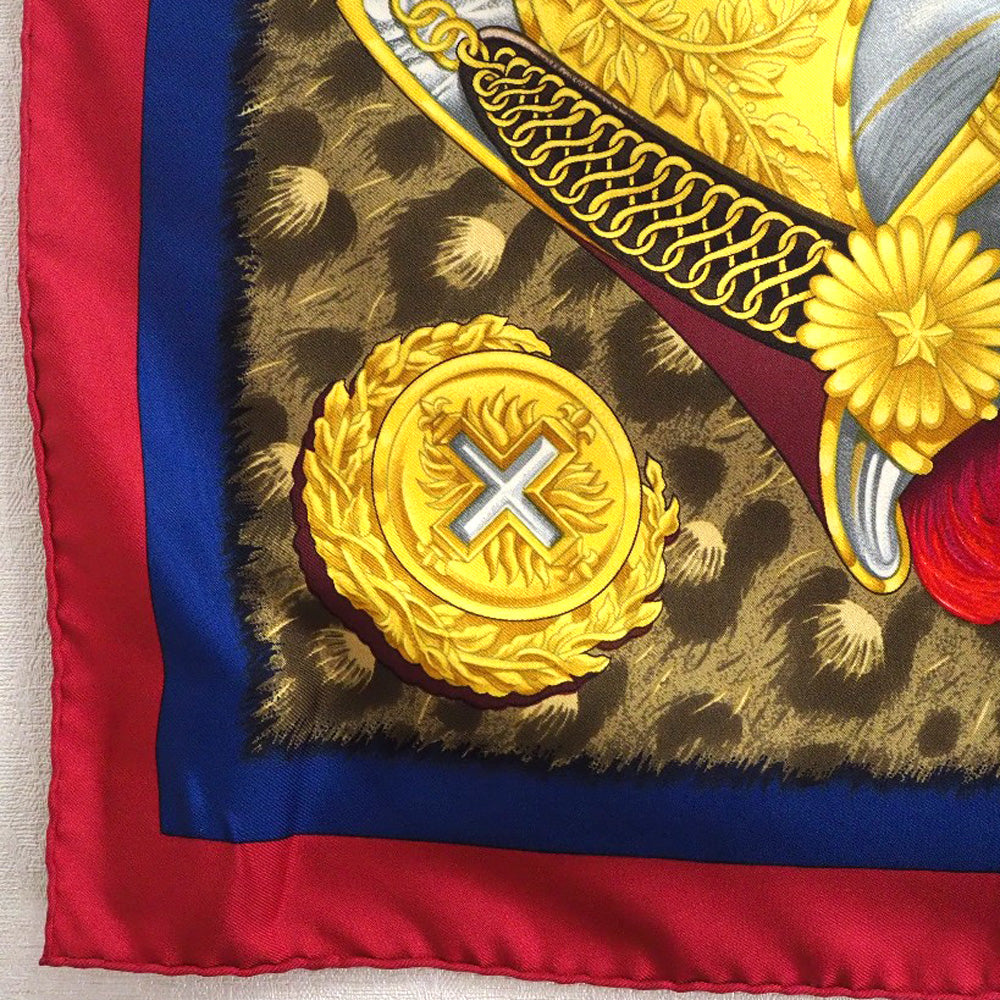 HERMES scarf silk Red A faceless helmet CASQUES et PLUMETS Carre90 Women Used Authentic