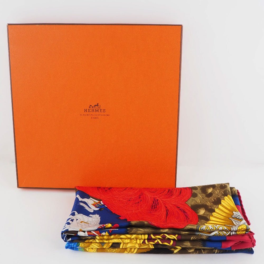 HERMES scarf silk Red A faceless helmet CASQUES et PLUMETS Carre90 Women Used Authentic