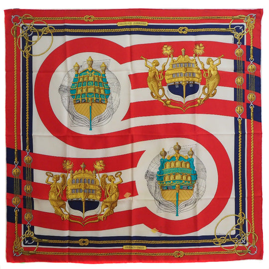 HERMES scarf silk Red stern decoration CHATEAUX D'ARRIERE Carre90 Women Used Authentic