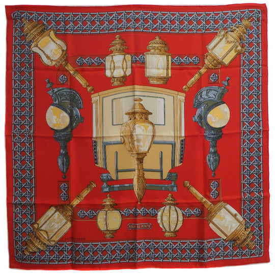 HERMES scarf silk Red Carriage lantern FEUX DE ROUTE Carre90 Women Used Authentic
