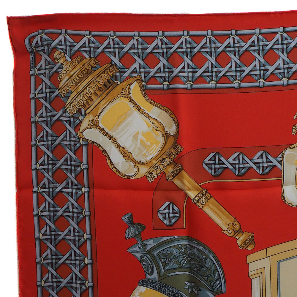 HERMES scarf silk Red Carriage lantern FEUX DE ROUTE Carre90 Women Used Authentic