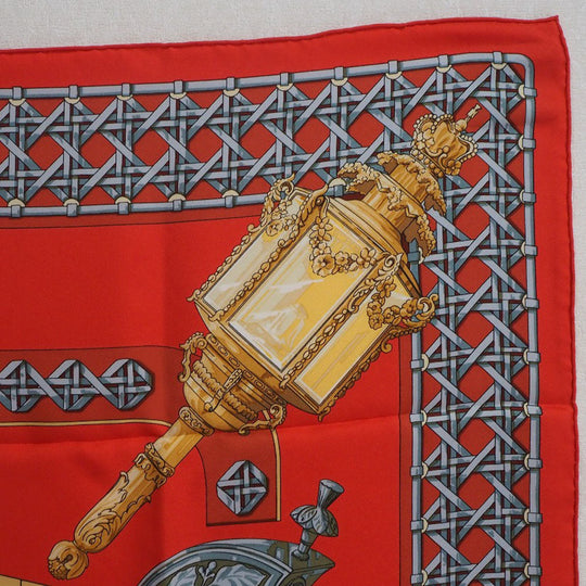 HERMES scarf silk Red Carriage lantern FEUX DE ROUTE Carre90 Women Used Authentic