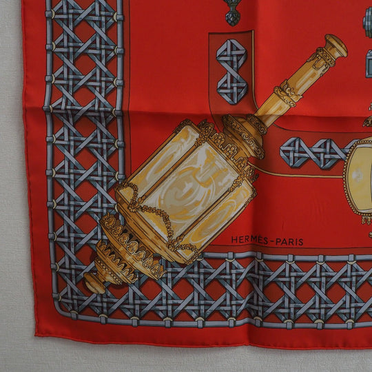 HERMES scarf silk Red Carriage lantern FEUX DE ROUTE Carre90 Women Used Authentic