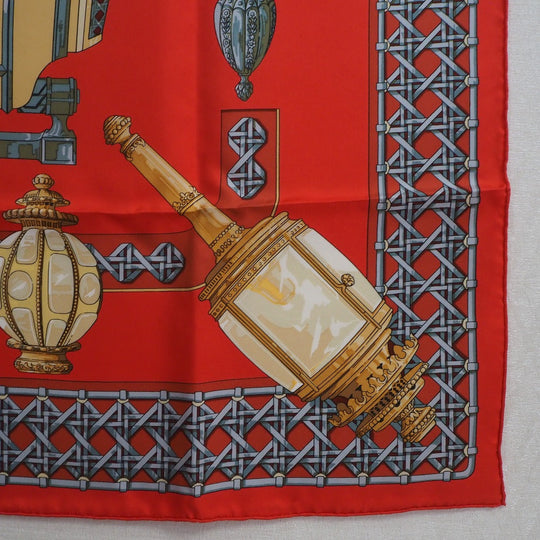 HERMES scarf silk Red Carriage lantern FEUX DE ROUTE Carre90 Women Used Authentic