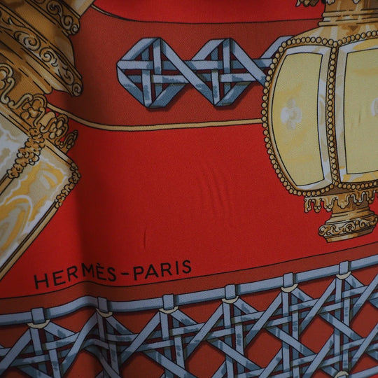HERMES scarf silk Red Carriage lantern FEUX DE ROUTE Carre90 Women Used Authentic