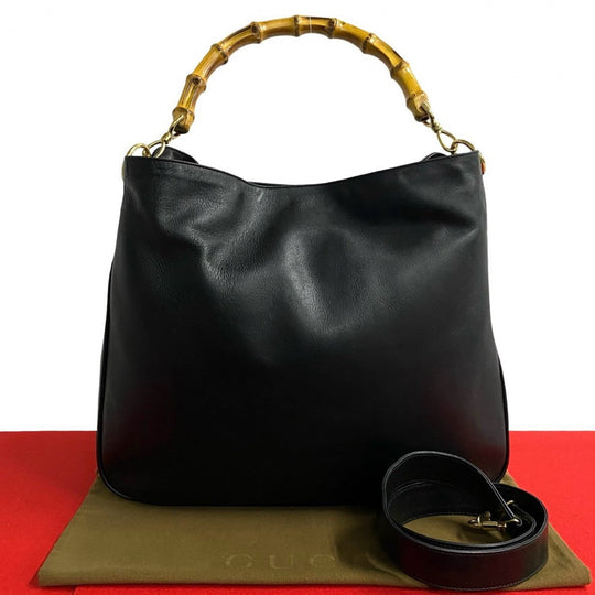 GUCCI Shoulder Bag leather black Bamboo